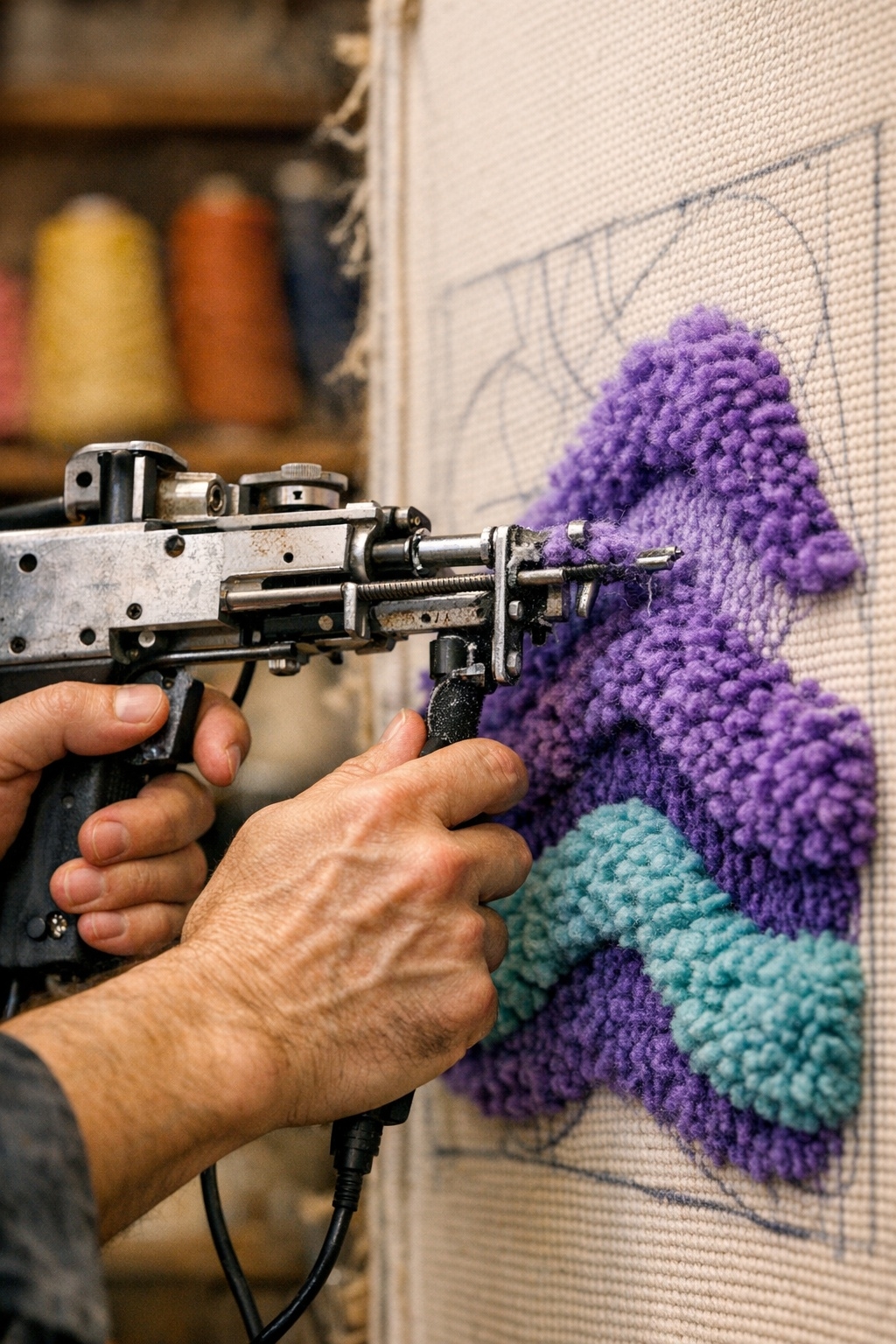 Artisan hand-tufting a 3D sculpted rug